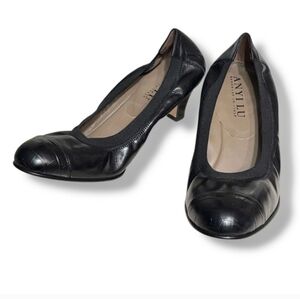 ANYI LU Payge - Black Leather Heels Croc Embossed Cap Toe